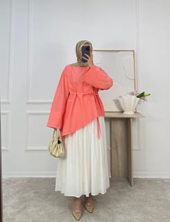 5973-terikoton kumaş asimetrik bağlamalı tunik-somon
