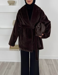 6788-kuşaklı tüylü kısa kap -acı kahve