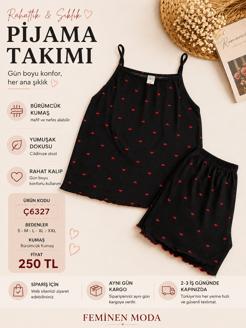 ç6327-bürümcük kumaş kalpli ip askılı pijama takımı-siyah
