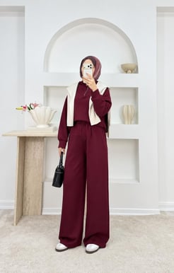 9913-oysho kumaş yarım fermuarlı pantolonlu takım-bordo