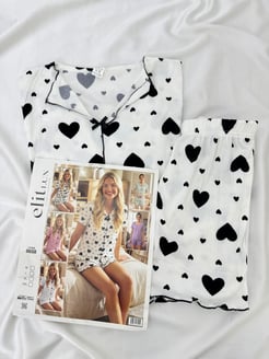 ç8658-viskon kaşkorse kumaş gömlek yaka kalpli şortlu pijama takımı-beyaz