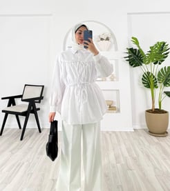 6723-poplin kumaş-kendinden büzgülü bağlama detaylı gömlek-beyaz