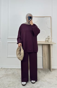 1148-ecem pike kumaş oversize pantolonlu takım-bordo