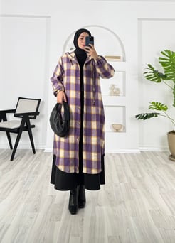 2134 N437+ekose oduncu kumaş kapüşonlu uzun tunik-LİLA