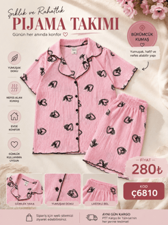 ç6810-bürümcük kumaş şortlu kısa kollu pijama takımı-pembe