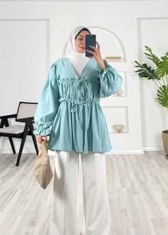 4182-poplin kumaş-önden bağlamalı bilek ucu lastikli kimono- su yeşili