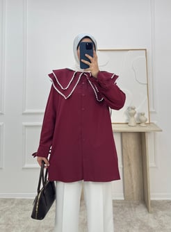 1158- terikoton kumaş bebe yaka tunik-bordo