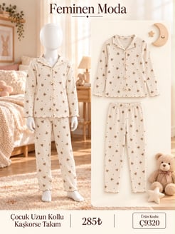 ç9320-kaşkorse ayıcıklı uzun kol çocuk  pijama takımı-kahve