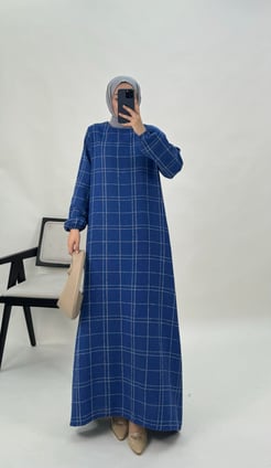 6555-şanel kumaş-kare desenli elbise-lacivert