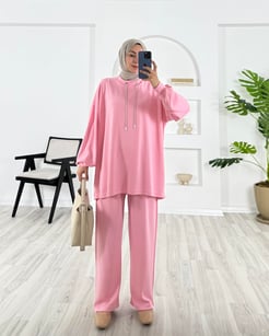 5204-oysho kumaş-parıltılı ip detaylı pantolonlu takım-pembe