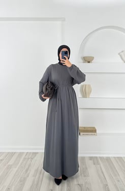 99150-örme triko kuşaklı elbise - füme