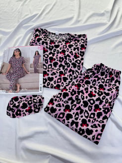 ç1050 - kısa kollu leoparlı pijama takımı - pembe 