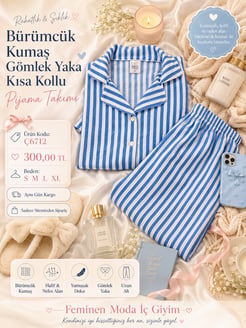 ç6712-bürümcük kumaş gömlek yaka kısa kollu pijama takımı-mavi