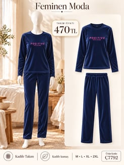 ç7792-kadife uzun kol pijama takımı-lacivert 
