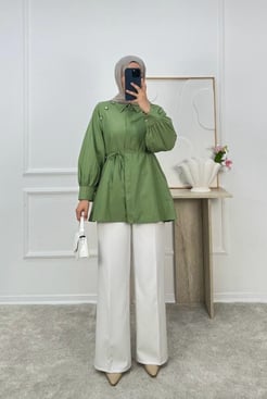 9052-terikoton kumaş taşlı kuşaklı tunik-yeşil 
