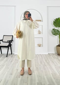 4163-keten kumaş-kemerli uzun tunik-krem