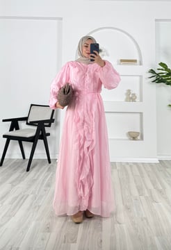 2314 - janjan kumaş önü fırfırlı elbise - pembe  