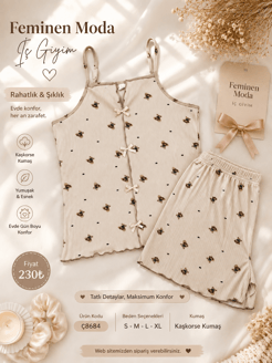 ç8684-kaşkorse kumaş ip askılı şortlu takım-sütlü kahve