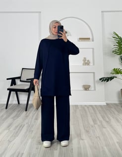 7321 -oysho kumaş önü çımalı bol paça pantolonlu takım - lacivert