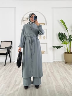 3812-kirinkıl kaş kumaş-beli büzülebilir boydan düğmeli pantolonlu takım-gri