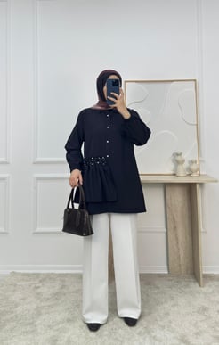 5985-poplin kumaş yandan taşlı tunik -siyah