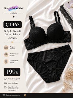 ç1463-dolgulu dantelli sütyen takımı-siyah