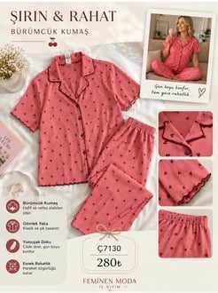 ç7130-bürümcük kumaş gömlek yaka pijama takımı-pembe
