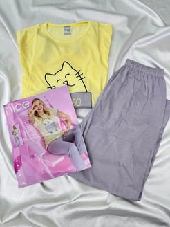 Ç1007 - viskon kumaş kısa kollu kedili pijama takımı - sarı 