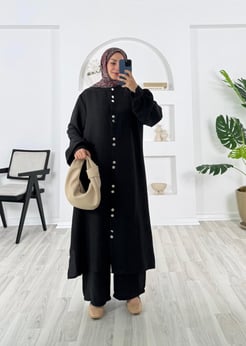 3621-modal kumaş-boydan düğmeli pantolonlu takım-siyah