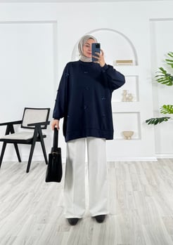 6325-oysho kumaş-fiyonk detaylı tunik-lacivert