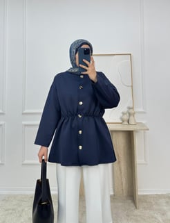 8426-sukuba dalgıç kumaş beli lastikli düğmeli tunik-lacivert