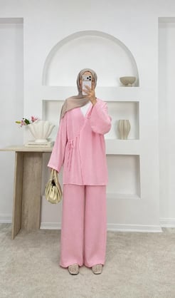 8812-vrn kumaş pantolonlu kimona takım-pembe