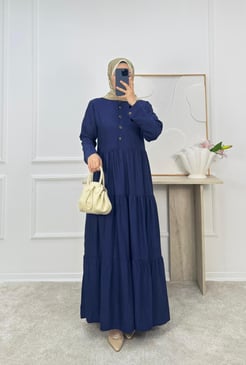 3316-çilek kumaş önü dügmeli baglamalı elbise-lacivert