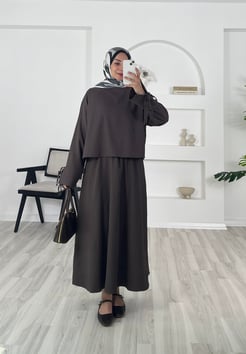 13697 - fitilli helena kumaş kolları manşetli etekli takım - kahve 