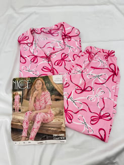 ç6964-bürümcük kumaş gömlek yaka kısa kollu pijama takımı-pembe