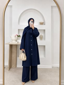 6111-modal kumaş dügme detaylı pantolonlu takım-lacivert