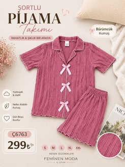 ç6763-bürümcük kumaş fırfırlı şortlu takım-pembe
