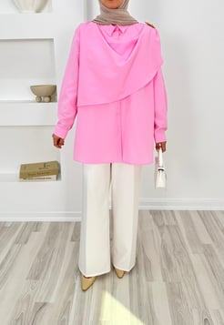 1135-terikoton kumaş broşlu tunik-pembe