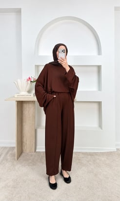 1421-oşho kumaş oversize şalvar kesim panolonlu takım-kahve