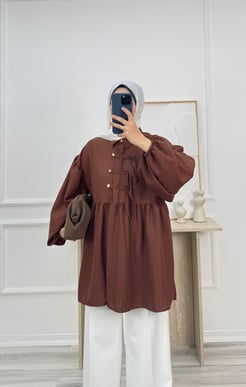 6358-nada kumaş düğmeli tunik-acı kahve
