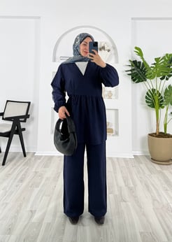 5128-çilek kumaş-altı pile detaylı pantolonlu takım-lacivert