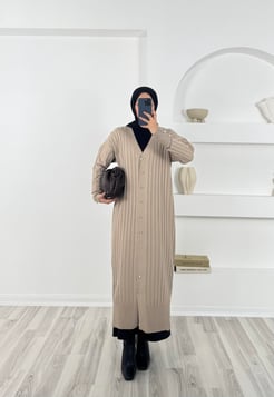 3257 düğmeli uzun triko hırka -krem