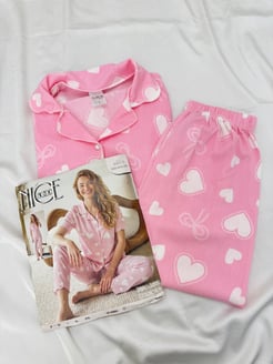 ç6853-bürümcük kumaş gömlek yaka kısa kollu pijama takımı-pudra