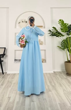 07269 - kırınkıl kumaş yaka ve kolu işlemeli elbise - bebe mavisi  