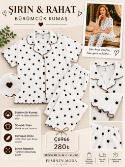 ç6966-bürümcük kumaş gömlek yaka kalpli pijama takımı-beyaz