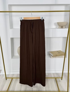 1814-babıl kumaş beli lastikli  pantolon-acı kahve 