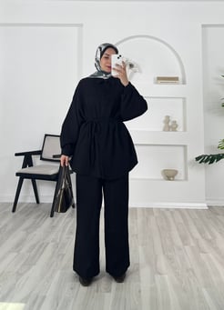 7314 - fitilli helena kumaş biyeli gömlek pantolonlu takım - siyah 