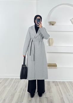 7609-kuşaklı kaşe pardesü-gri