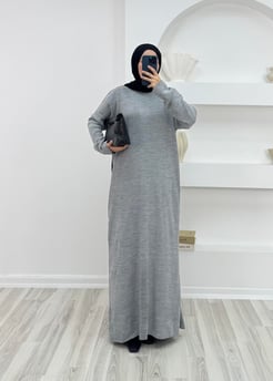 2271-kendinden çizgili triko elbise-gri