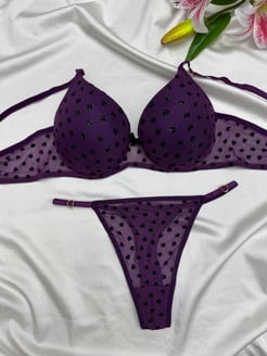 ç1233-askısı kalp detaylı kalp desenli sütyen takımı -mor